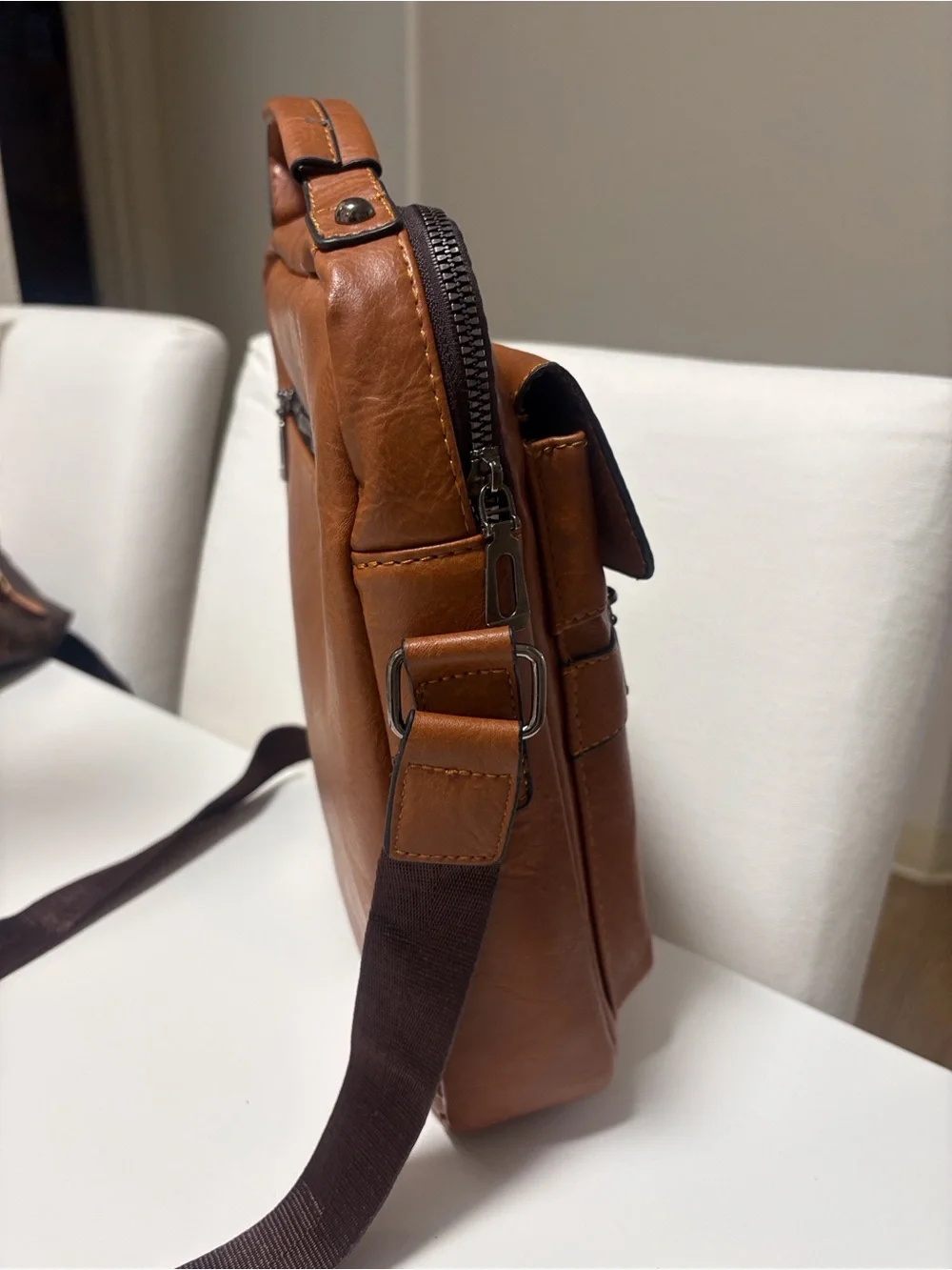 Tan Leather Messenger Bag for Men